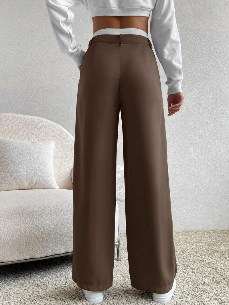 Calça Pantalona Paris Marrom com Branco