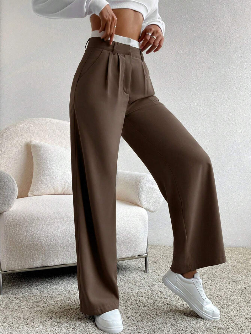 Calça Pantalona Paris Marrom com Branco