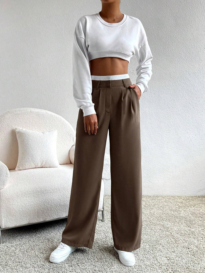 Calça Pantalona Paris Marrom com Branco