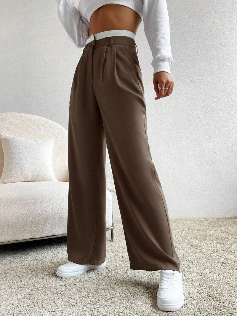 Calça Pantalona Paris Marrom com Branco