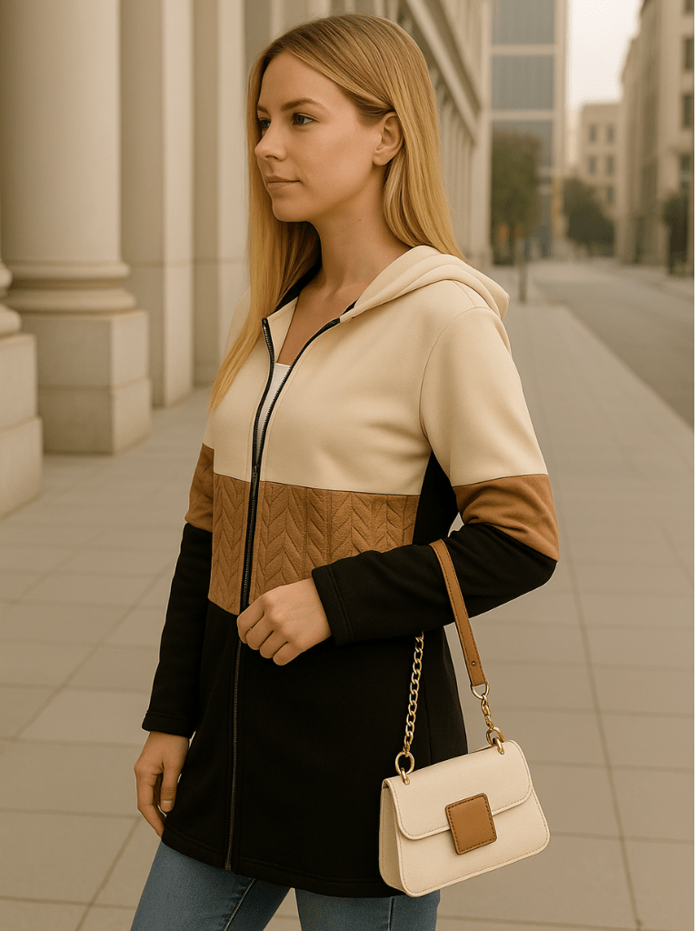 Casaco-Feminino-Bloco-de-Cores-com-Zíper-Capuz-Marrom-garagebuy-02