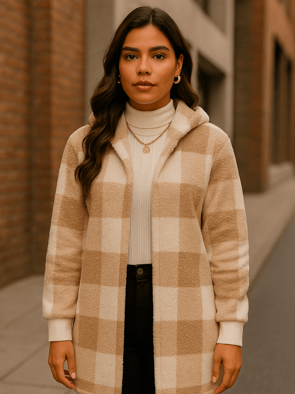 Casaco-Feminino-Xadrez-de-Búfalo-com-Capuz-Marrom-garagebuy-01