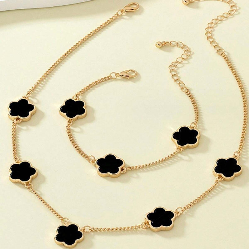 Conjunto Colar e Pulseira Trevo De Quatro Folhas Preto