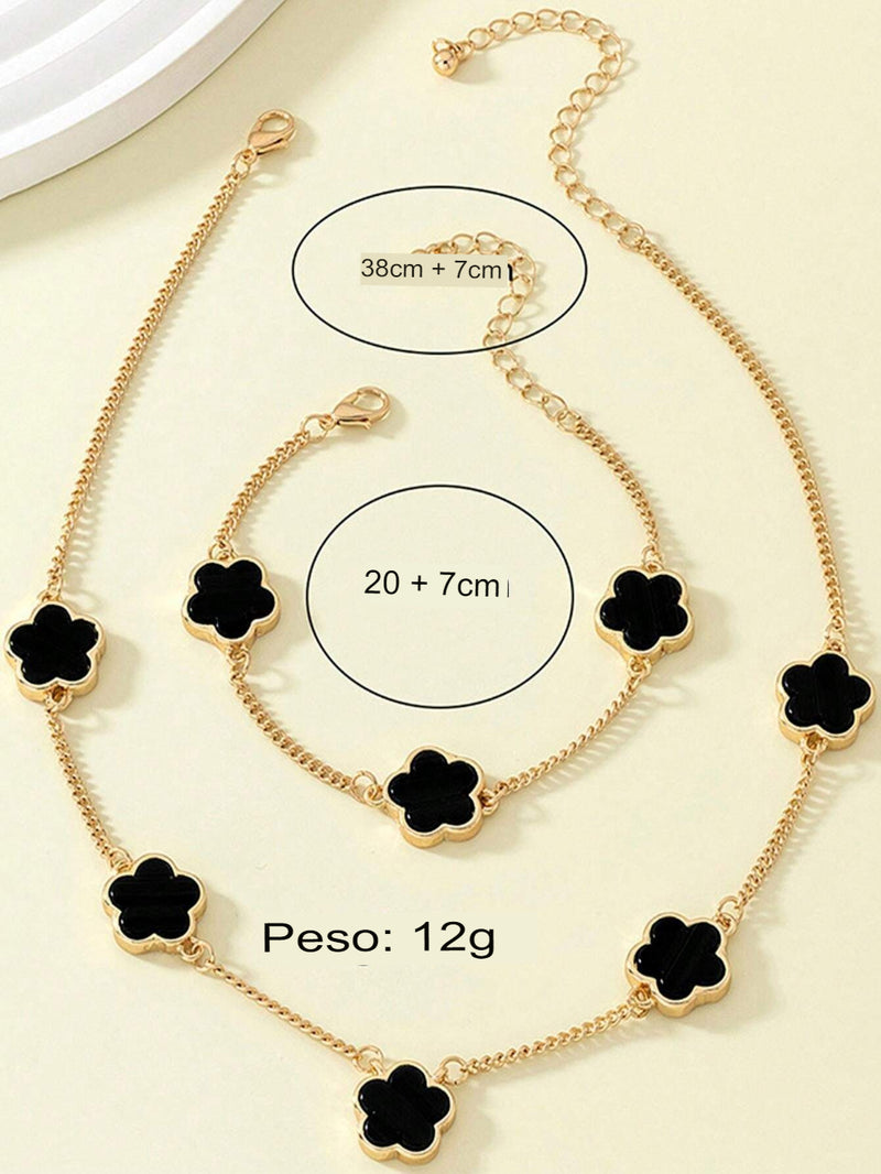 Conjunto Colar e Pulseira Trevo De Quatro Folhas Preto