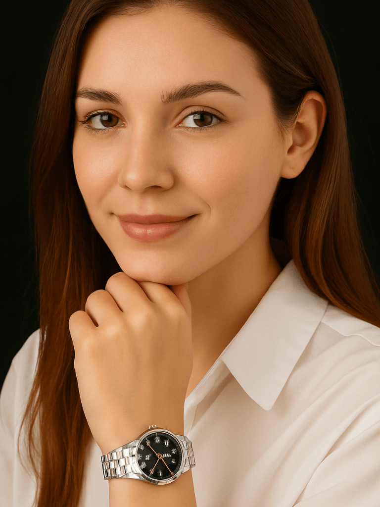 Relógio-Feminino-Ernie-Klein-Retrô-Quartz-Prata-Fundo-Preto-9931L-garagebuy-01