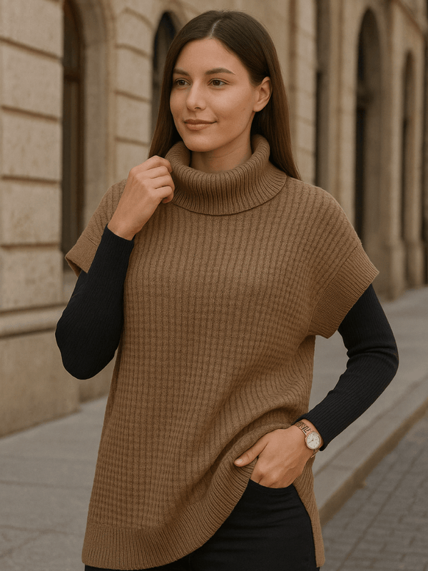 Sueter-Feminino-Gola-Alta-Manga-Asa-de-Morcego-Marrom-garagebuy-01