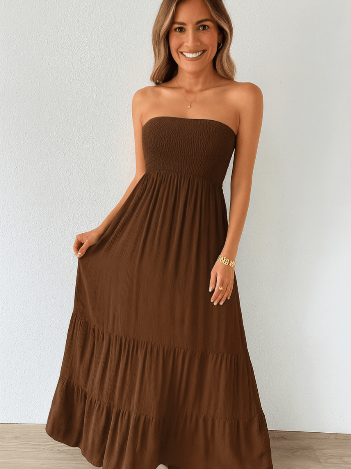 Vestido Feminino Longo Com Babado Liso Marrom Frete Grátis!