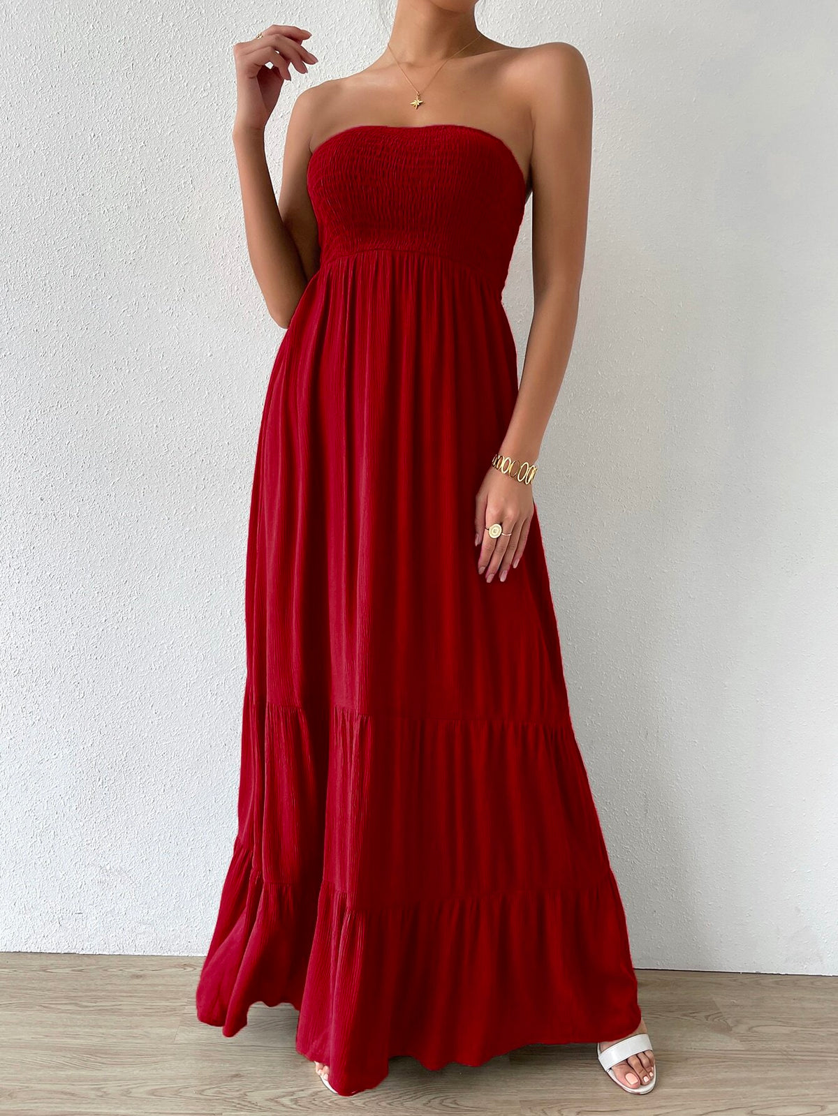 Vestido Feminino Longo Com Babado Liso Vermelho Promoção