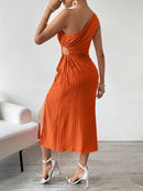 Vestido-Verão-De-Um-Ombro-Só-Plissado-Laranja-GarageBuy-05