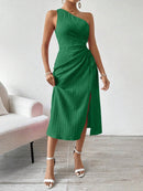 Vestido-Verão-De-Um-Ombro-Só-Plissado-Verde-GarageBuy-01